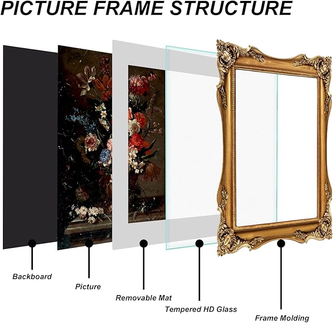 8x10 Gold Vintage Picture Frame, Ornate Baroque Gothic Victorian Frames with Mat for 5x7 or 8 x 10 Photos, Tabletop or Wall Display, Antique Home Decor Accent
