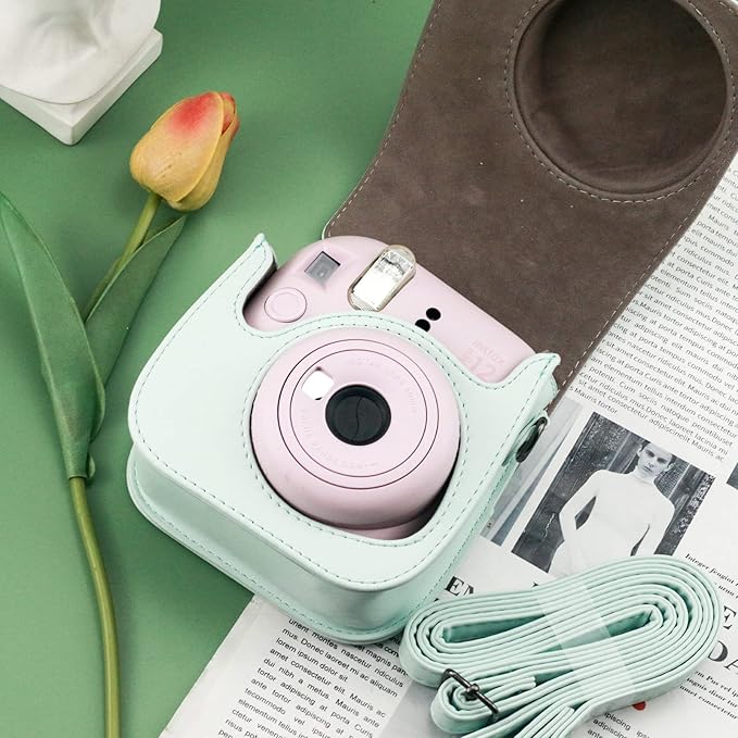 Frankmate Protective Case Compatible with Fujifilm Instax Mini 12 11 9 8 Instant Film Camera with Pocket and Adjustable Strap (Light Green)