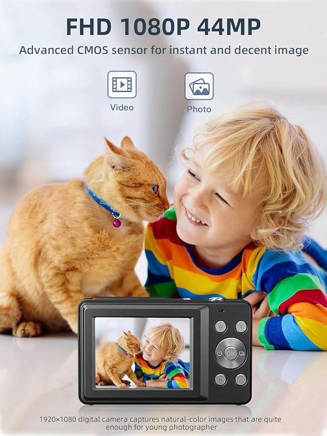 Digital Camera, FHD 1080P Digital Point and Shoot Camera with 16X Zoom Anti Shake, 32GB Card, Compact Small Camera for Boys Girls Kids, Black