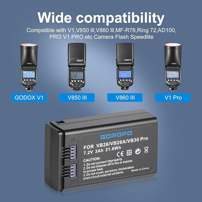 VB26B VB26A VB26 VB30 Pro Battery for GODOX V1 V1S V1N V1C V1F V1O V1 Flash and V860III V860III-S V860III-C V860III-N V860III-O V860III-F V850III AD100PRO Camera Flash Speedlite (1 Battery)