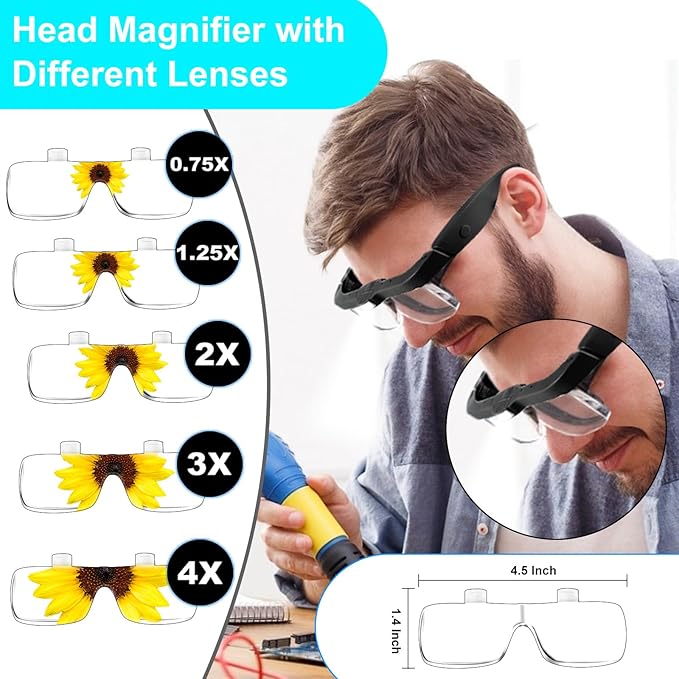 Magnifying Glass with Light Hands Free, Rechargeable Magnifying Glasses Headset with 5 Detachable Lenses Magnifier for Close Work, Reading, Jewelry Making Crafts (Black)
