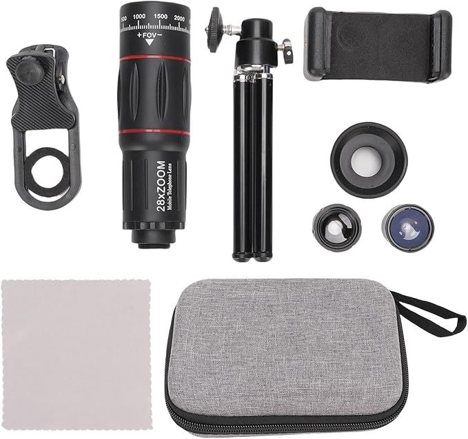 Yunir Phone Camera Lens Kit, 28X Telephoto Zoom Lens, Wide Angle, Macro, Fisheye Lens with Tripod & Clip for Most Smartphones