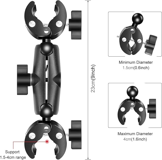 Super Clamp Dualheads Crab Clamp, Action Camera Mount Crab Plier Clip Bracket Magic Arm 360 Rotation Double Ball Head Umbrella Mount for Motorcycle/Cross Bars/Photography Light Stand/Photo Boom Stand