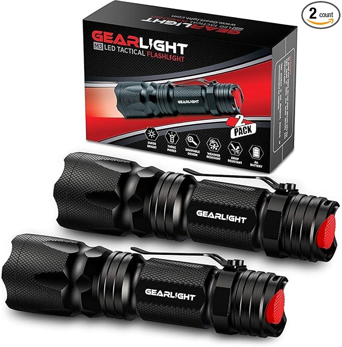 GearLight M3 Mini LED Flashlight - 2 Bright, Small Tactical Flashlights with High Lumens and Pocket Clip for Camping, Outdoor & Emergency Use ﻿ - Black