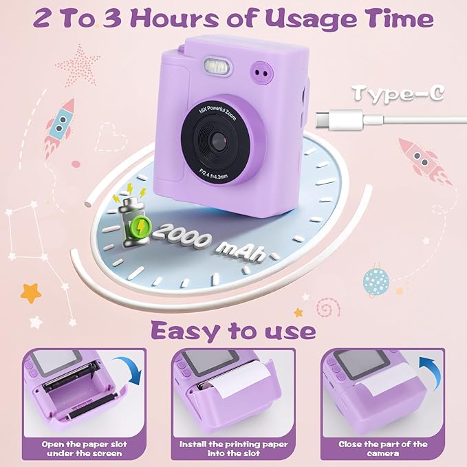 Kids Camera Instant Print, 1080P HD Dual-Lens Selfie Digital Camera with 5 Printing Paper Rolls & 32G TF Card, for Children, Portable Toddler Toy for Age 3-12 Boys & Girls (Purple)