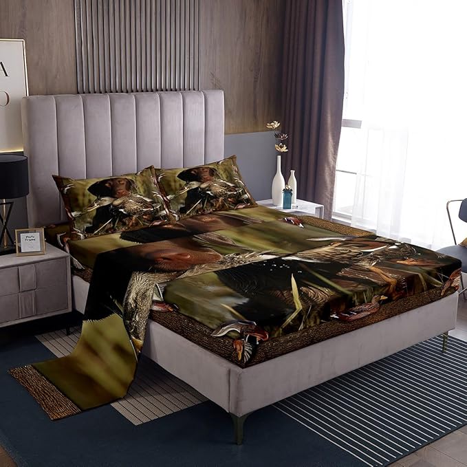Erosebridal Duck Hunting Sheet Set Dog Hunter Bed Sheets for Kids Boys Girls Wild Animal Mallard Duck Print Fitted Sheet Hunting and Fishing Western Rustic Farmhouse Theme Flat Sheet Full Size 4 Pcs