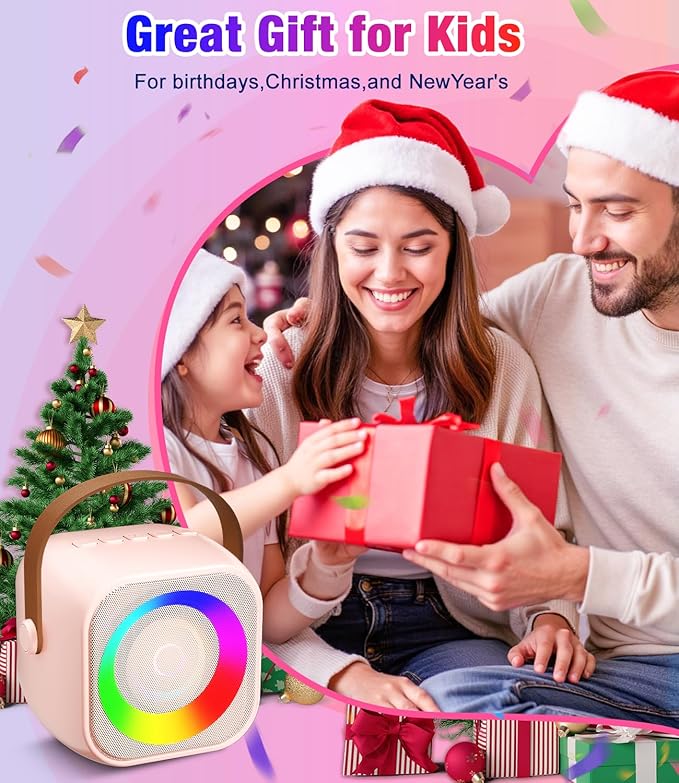 Mini Karaoke Machine, Portable Bluetooth Speaker with 2 Wireless Microphones for Kids & Adults, Karaoke Microphone with LED Lights, Gifts for Girls & Boys_Pink