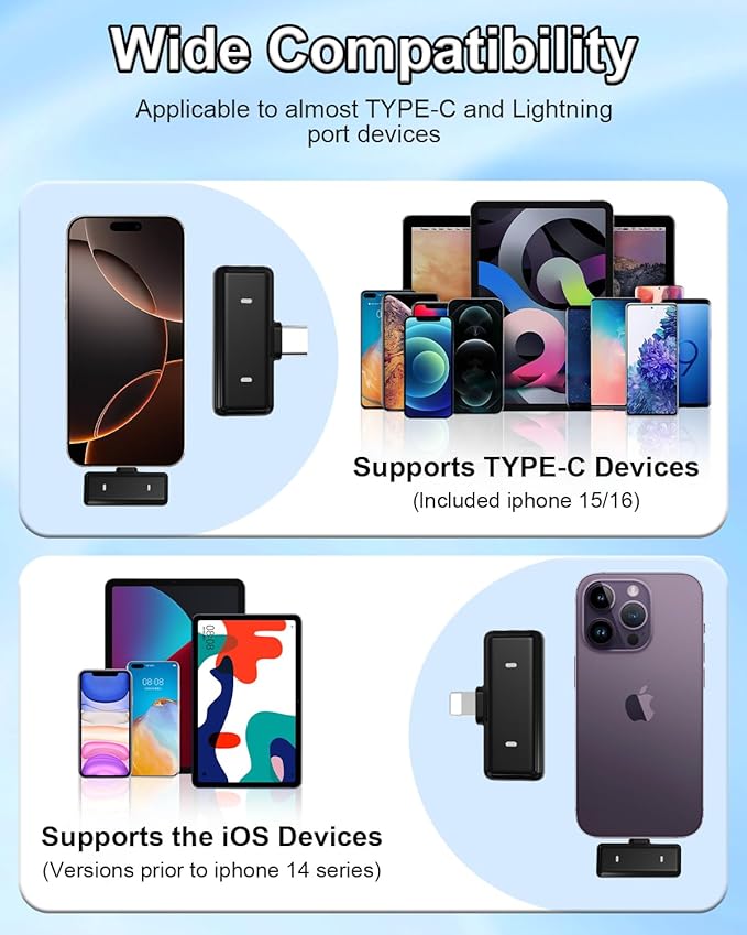 PoP voice Wireless Lavalier Microphone for iPhone 16/15/14/13/iPad/Android, USB C Mini Microphone for Video Recording, Lapel mic with Charging Case, Noise Reduction, for Vlog/YouTube, 48H, 100ft