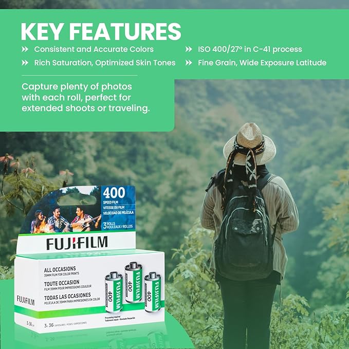 FUJIFILM 400 Color Negative Film (35mm Roll Film, 36 Exposures, 3-Rolls) + BluebirdSales Microfiber Cleaning Cloth