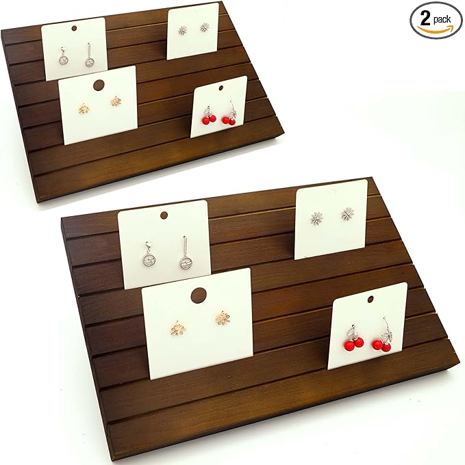 2pcs Wooden Portable Earring Display Stand, Greeting Card Business Card Holder for Vendors, Earring Cardboard for Selling, Dark Brown
