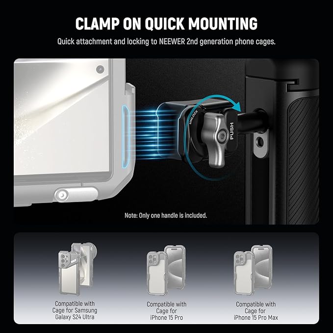 NEEWER PA045E Side Handle with Bluetooth Remote Shutter, Quick Release Clamp, Anti Off Cold Shoe for NEEWER 2nd Gen Phone Cage for 15 Pro/15 Pro Max/S24 Ultra, Silver Lock