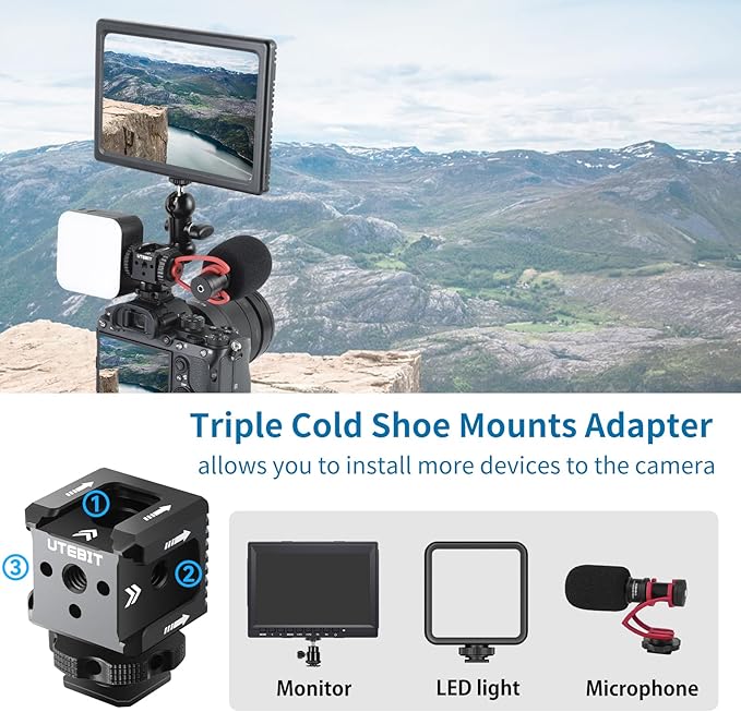 UTEBIT 3 Port Cold Shoe Mount with 1/4"-20 Thread , Cold Shoe Extension Bracket with 3.8" Magic Arm Dual 1/4 Screw Head Adapter 360° Rotatable, for Camera Cage Flash LED Monitor Microphone, Black