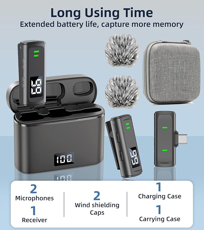 Wireless Lavalier Microphone for iPhone USB C Lav Mic for iPhone 15 16 Android Phone Microphone Video Recording TikTok Vlog Noise Canceling Clip On Microphones with Charging Case 35H Battery Life