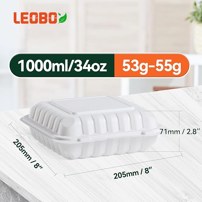 LEOBOX Takeout Container Mineral Filled PP Plastic - 8 Inch 34oz 55 Pack | Shrink Wrap BPA Free To Go Boxes | Reusable Dishwasher Microwave Freezer Safe for Food Delivery | White Disposable Containers
