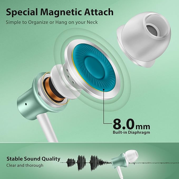 Jiunai USB C Earbuds for iPhone 17 16 15 in Ear Wired Headphones with USB C Plug Magnetic Stereo Volume Control Corded Type C Earphones for Samsung Galaxy S26 S25 S24 Ultra Pixel 10 for iPad Green