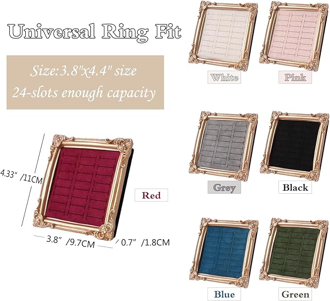 Vintage Photo Frame Ring Holder - 24 Slot Velvet Jewelry Organizer Display Stand for All Ring Sizes, Gold Baroque Elegant Storage Tray for Wedding Engagement Collection Photography (Green)