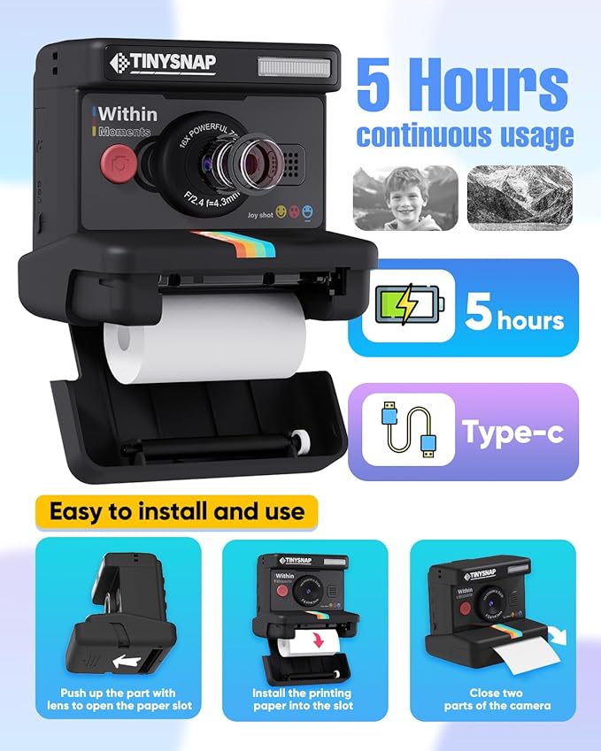Instant Print Camera for Kids,Dual Len Kids Cameras with 2.4 Inch Screen, Christmas Birthday Gifts for Girls Age 3-12, Portable Toddler Toy for 3 4 5 6 7 8 9 10 Year Old Girls Boys (Black)