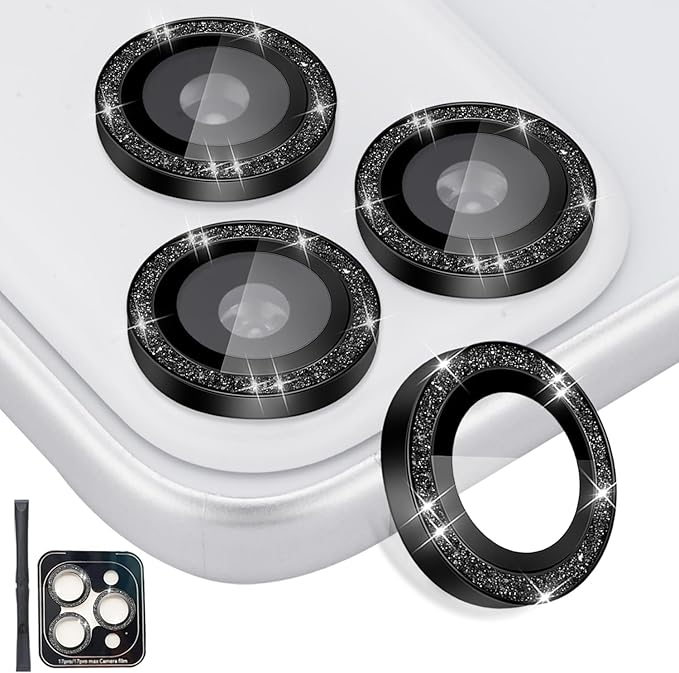Camera Lens Protector for iPhone 17 Pro/17 Pro Max, Aluminum Alloy Tempered Glass Lens Protector with Installation Frame Fits for iPhone 17 Pro/17 Pro Max (Glitter Black)