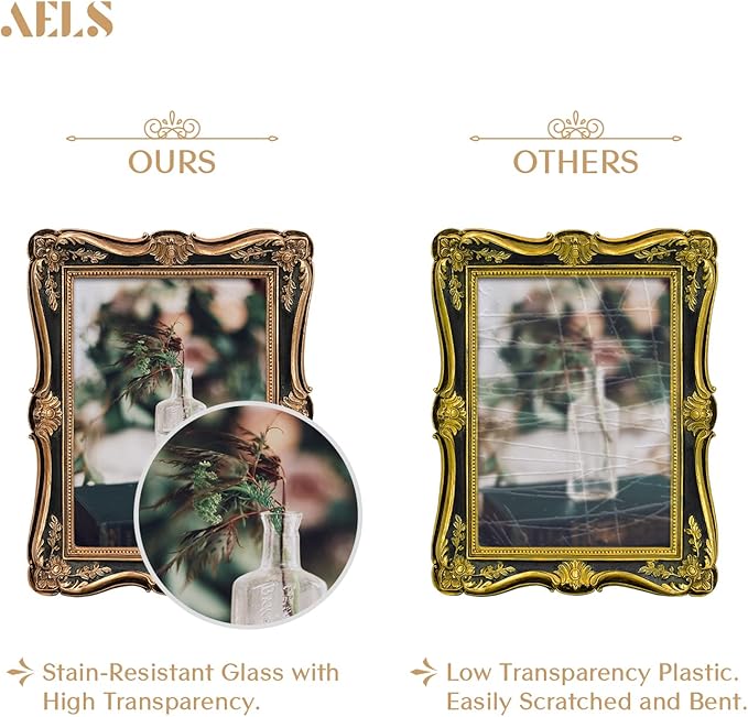 AELS 5x7 Inch Vintage Picture Frame, Elegant Antique Photo Frames with Glass Front, Photo Display, Tabletop Wall Hanging, Gift Ideas, Gold and Black