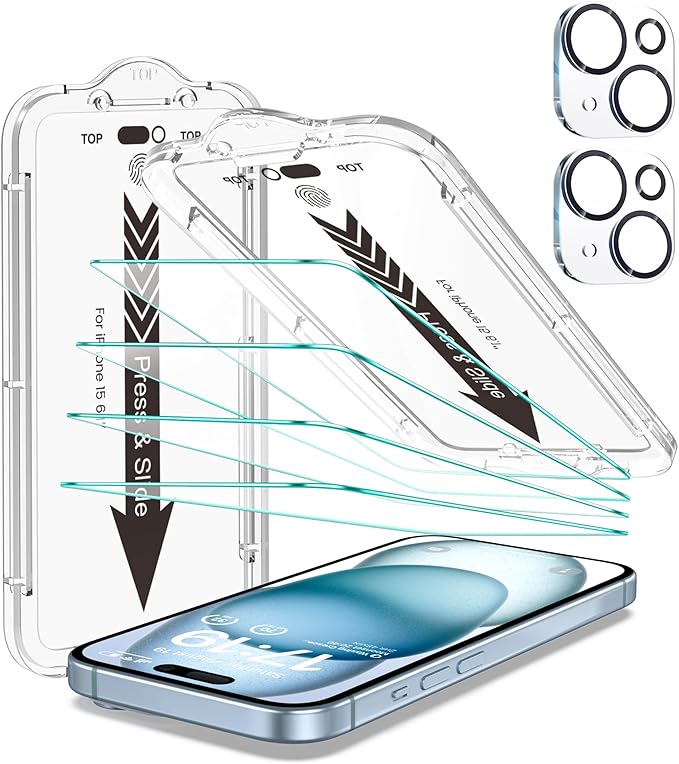EZ-GLAZ- 4 Pack for iPhone 15 Screen Protector [6.1"] With 2 Pack Camera Lens Protector, 9H+ Hardness 12FT Military Grade Shatterproof Scratch Resistant Durable Tempered Glass Film with Flawless Fit Kit, HD Clear