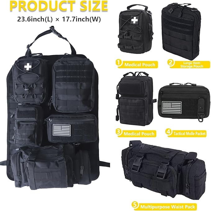 Universal Tactical Car Seat Back Organizer Bag Tactical Molle Vehicle Organizers Panel Vehicle Protector Organizers with 5 Detachable Pouches for Car (Upgraded B black)