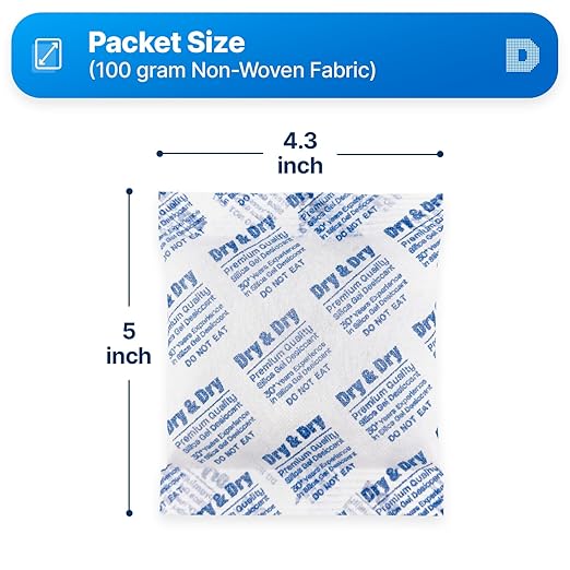 Dry & Dry 100 Gram [5 Packets] Premium Pure & Safe Silica Gel Desiccant Packets - Silica Gel Packets, Silica Gel Packs, Silica Gel, Silica Packets