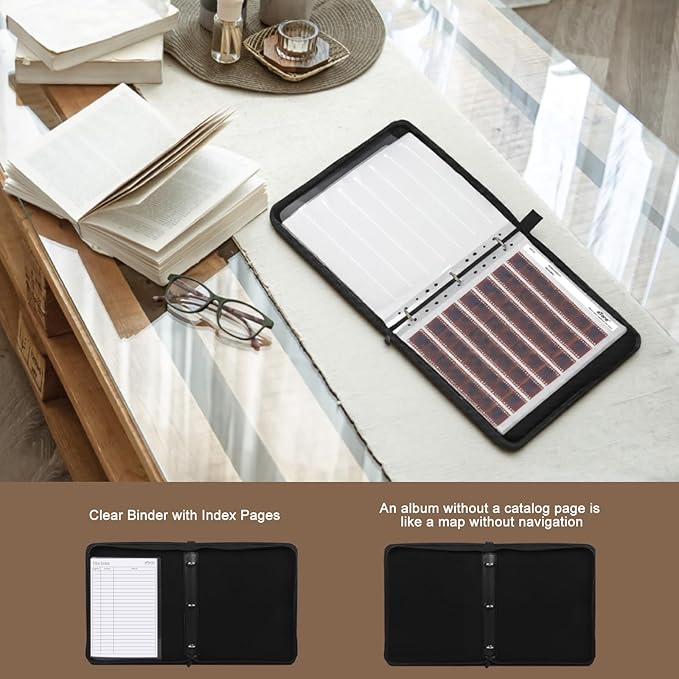 eTone Film Negative Storage Box, PU Leather 3-Ring Binder Album, Gold Foil, 13.18x7.08x1.96 Inch, Velvet Lined for 35mm 120 4x5 8x10 Negatives (Brown)