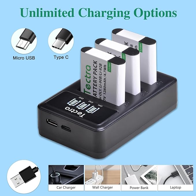 Tectra 3-Pack Li-90B Li-92B DB-110 Battery + Charger for Olympus Tough TG-7, TG-6, TG-5, TG-Tracker, SH-1, SH-2, SP-100 IHS, Tough TG-1 iHS, TG-2 iHS, TG-3, TG-4, SH50 iHS, SH60, XZ-2 iHS