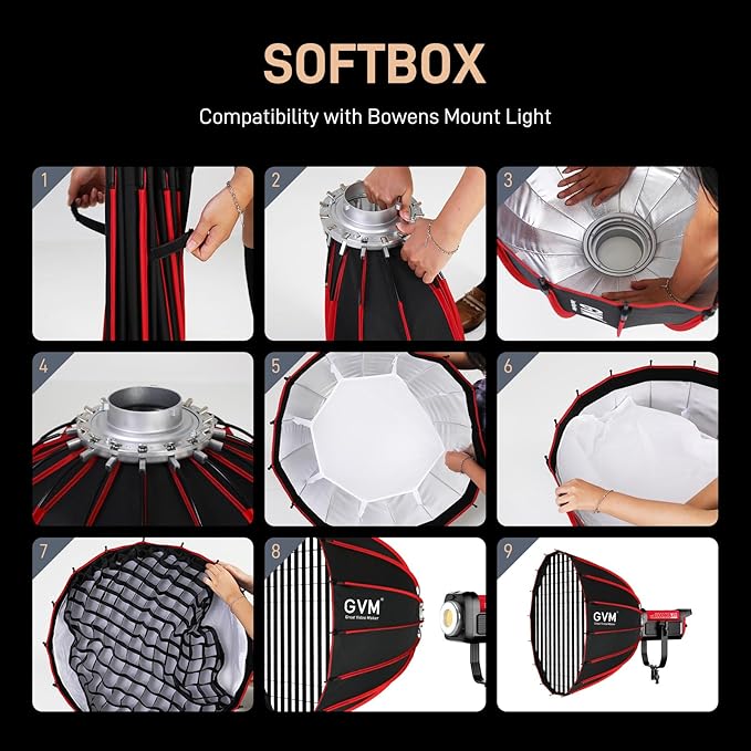 GVM YG90SP 36"/90cm Parabolic Softbox Quick Set up Quick Folding, with Diffusers/Honeycomb Grid, Compatible with GVM 200B 300B 500B 650B and Other Bowens Mount Light for Recording, Portraits