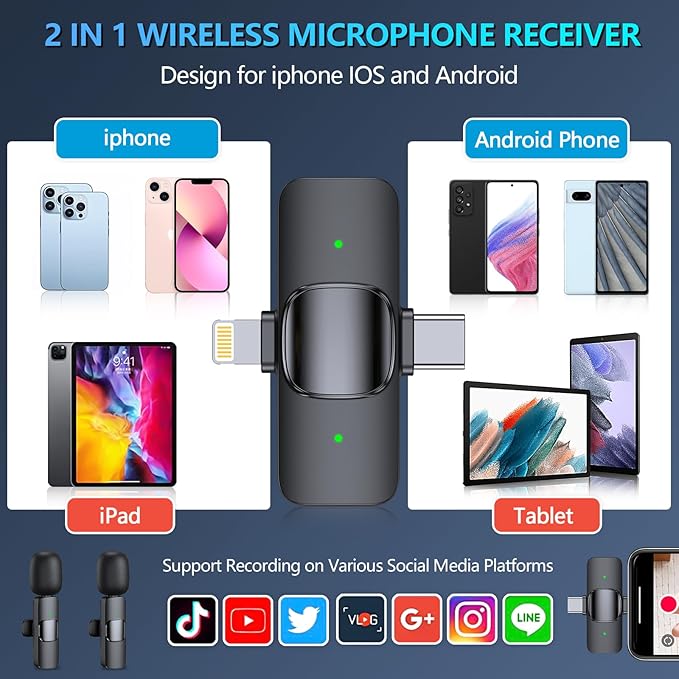 RICCHI Wireless Microphone for iPhone, iPad and Android Phone, 2pcs Professional Mini Microphone Plug-Play Clip on Mics for Vlogging, YouTube, Interview, Live Streaming