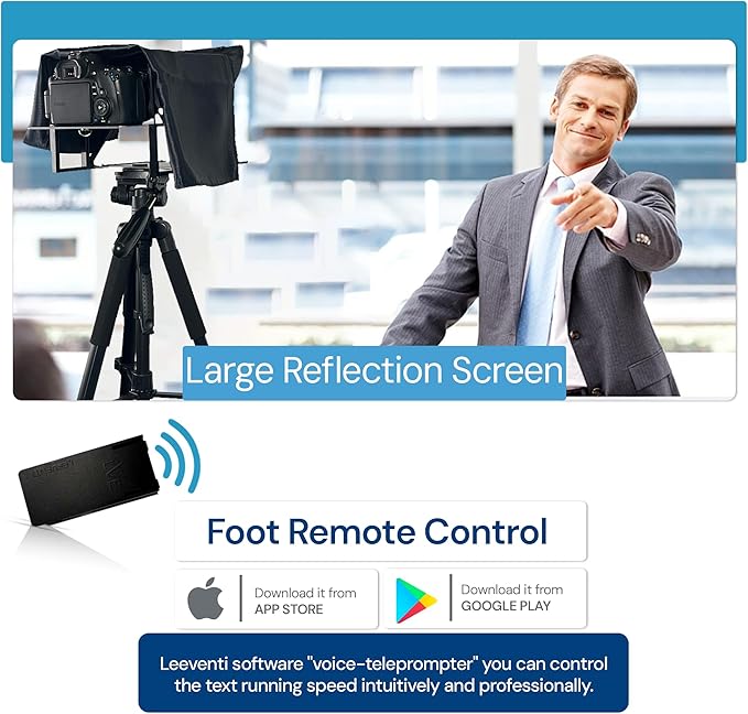 Teleprompter 5.1 12" Compatible with iPad, Tablet, Smartphone and DSLR Camera, Remote or App Control, Compatible with Android and iOS, Ideal for Video Recording, Aluminum Alloy