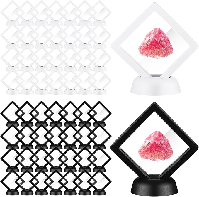 60 Pcs 3D Floating Display Case PE Film Jewelry Storage Box Coins Display Frame Holder Stands for Antique Challenge Coins, Medallion Shells Gems Rocks Pins (White, Black,2.76 Inch)