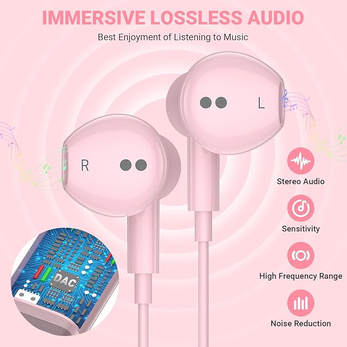 USB C Headphones for iPhone 17 Air 16 Pro Max 15, Type C Earphones with Microphone Magnet HiFi Stereo Wired Earbuds for Samsung Galaxy S26 S25 Ultra S24+ 23 A17 S21 S20 FE Flip 7 6 5/Pixel 10, Pink