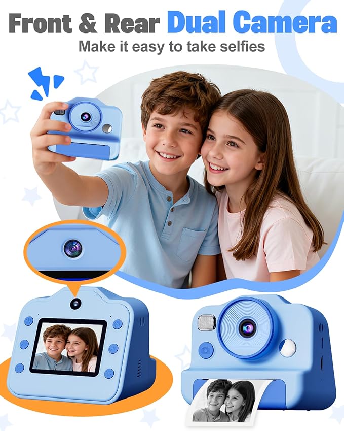 Instant Print Camera for Kids, Front Rear Dual Selfie Kids Camera with 1080P Videos, Christmas Birthday Gifts for Kids Ages 3-12, Toddler Digital Camera Toy for 4 5 6 7 8 Year Old Boys Girls (Blue)