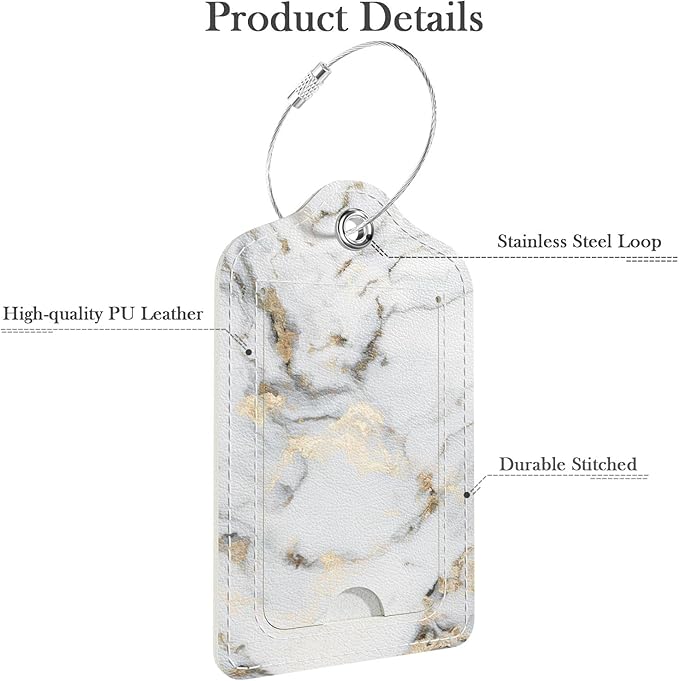 Luggage Tags for Suitcase, 2 Pack PU Leather Travel Cruise Luggage Tag with Privacy Flap, Name ID Label and Metal Loop for Women Men Suitcase Baggage Bag Backpack Instrument, White Gold Marble