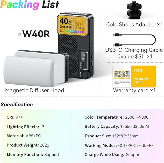 Moman Small LED Camera Light 40W, Full RGB Video Lights with Diffuser, App Control, 2500-9000K, CRI 97+, USB-C Fast Charging, Portable Photography Fill Light for Sony Canon Video Recording