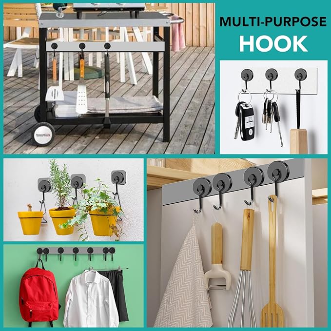 DIYMAG Black Magnetic Hooks 120LBS Strong Magnetics Heavy Duty 2026 Cruise Ship Essentials Magnets with Metal Hook for Hanging Refrigerator Home Kitchen Office, 8Pack
