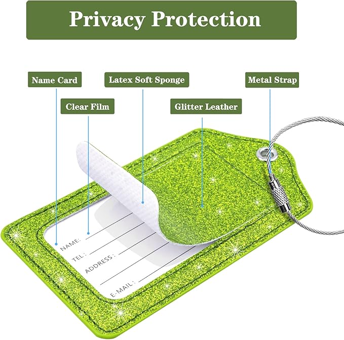 (Set of 2) Luggage Tag Leather Privacy Cover ID Label Address Card with Stainless Steel Loop, Travel Bag Tags Suitcase Labels, Glitter Chartreuse