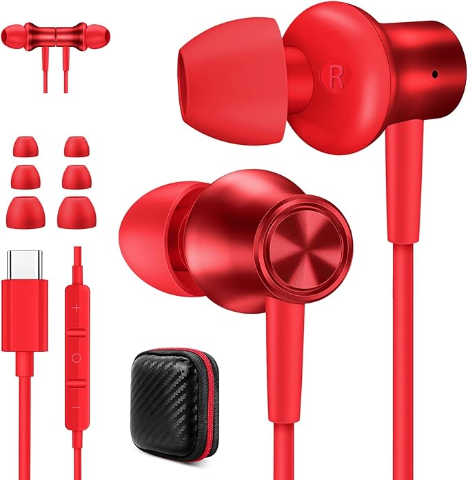 Jiunai USB C Wired Earbuds for iPhone 17 Pro Max 16e Headphone with USB C Plug in Ear Magnetic Stereo S M L Ear Tips Corded Type C Earphone for iPhone 17e 16 15 for Samsung S26 S25 S24 for iPad Red