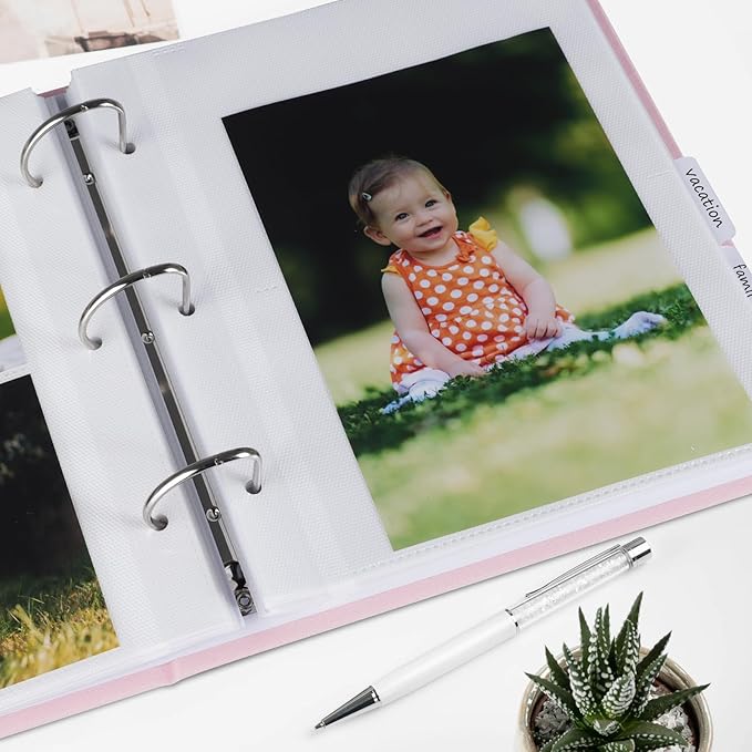 Photo Album 4x6 Photos Hold 200 or 5x7 Pictures Hold 100, 3 Ring Binder Photo Albums Linen Cover Photo Book Acid Free Albums 4x6 5x7 for Family Wedding Baby (Pink)