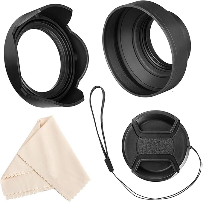 Veatree 77mm Lens Hood Set, Collapsible Rubber Lens Hood with Filter Thread + Reversible Tulip Flower Lens Hood + Center Pinch Lens Cap + Microfiber Lens Cleaning Cloth