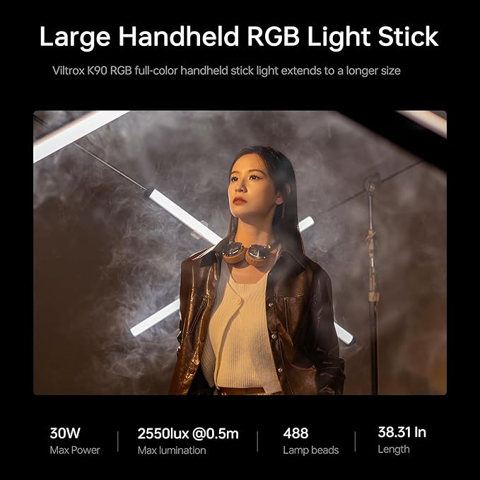 VILTROX 2 Pack LED Stick Light Kit, 30W Full Color LED Tube Light with Built-in 14.8V/3300mAh Battery and USB-C 35W Fast Charging, RGBW Video Light for Photography and Filmmaking (K90 Kit)