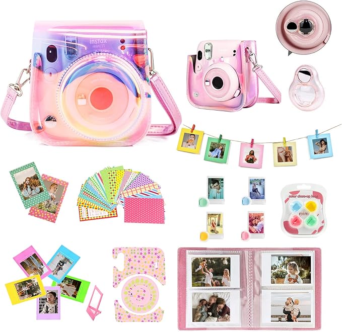 WOGOZAN Mini 11 Accessories for Fujifilm Instax Mini 11 Instant Camera Include Case, Color Filters, Photo Album, 2x3 Frames, Selfie Lens and Stickers (Transparent Pink) (No Camera)