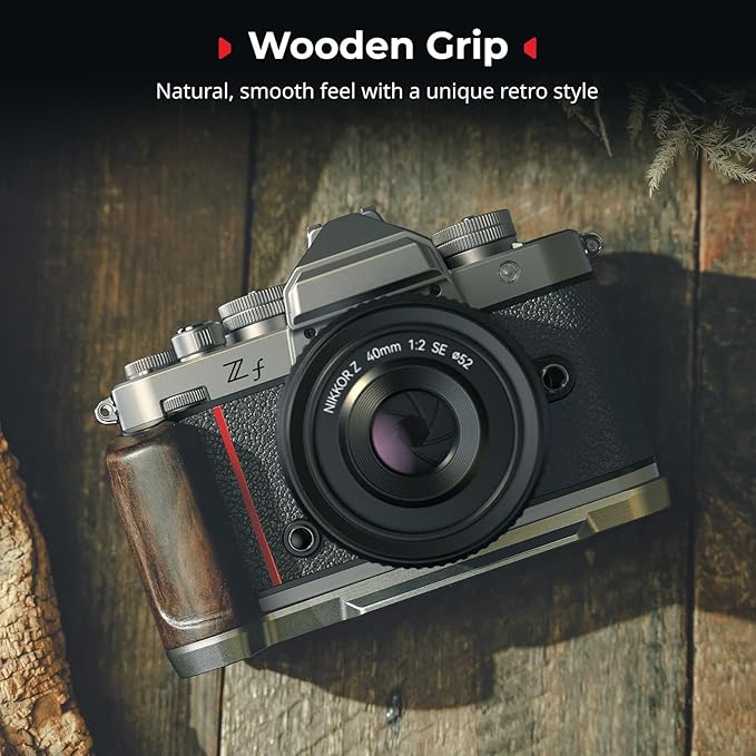 SMALLRIG Wooden L-Shape Grip for Nikon Z f Built-in Quick Release Plate for Arca and Wrist Strap Hole, Ergonomic Wooden Handgrip with 1/4"-20 Threaded Holes for Tripods (Silver) - 5707