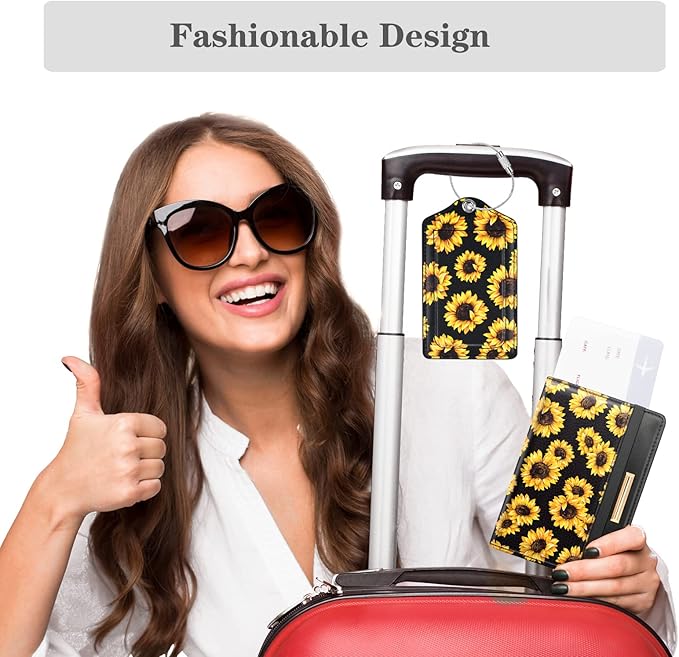 (Set of 2) Luggage Tag for Suitcases Leather Privacy Cover ID Label with Stainless Steel Loop, Travel Bag Tags Suitcase Labels, Sunflower