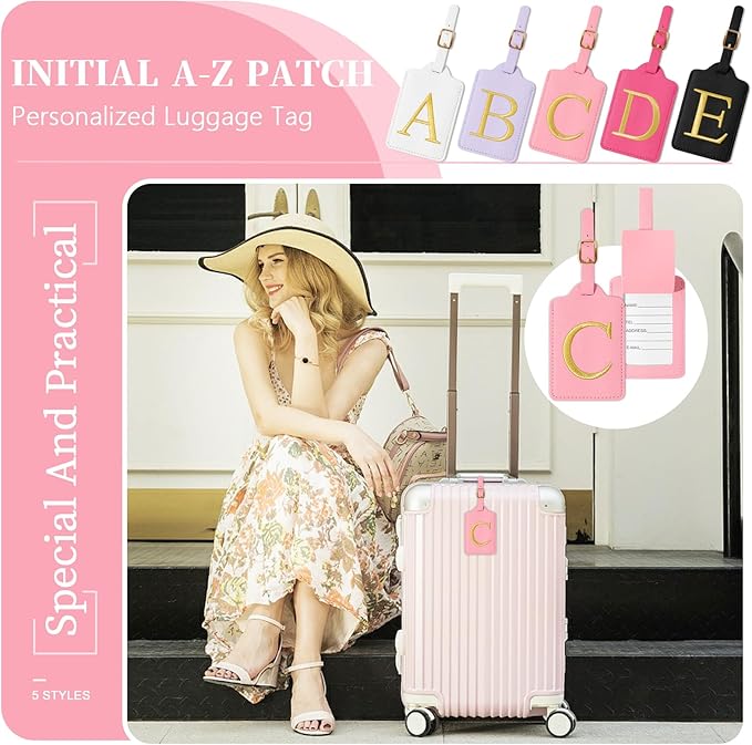 Personalized Initial Luggage Tags for Suitcase, Pink Leather Cute Luggage Tags with Privacy Cover Name Card, Embroidered Custom Monogrammed Luggage Tag Travel Bag Baggage Tags Gifts for Women Kids(C)