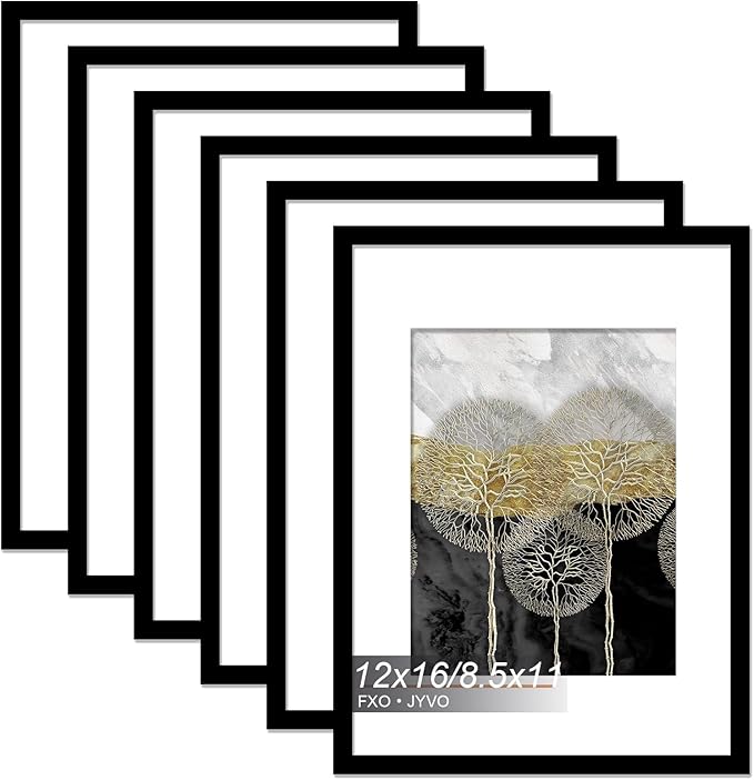 12x16 Picture Frame Set of 6, Display Poster 8.5 x 11 with Mat or 12 x 16 Without Mat, Light Weight and High Transparent 12 by 16 Frame for Wall - 6 Pack/Black/12 x16