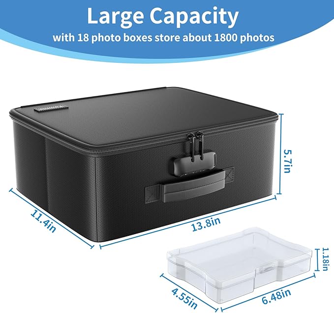Tamfile Fireproof Photo Storage Box with 18 Inner 4" x 6" Multicolor Photo Case, Plastic Photo Organiser with Lock for Pictures, Cards, Crafts, Stamps and Office Supplies with 4 Sheet Label Stickers