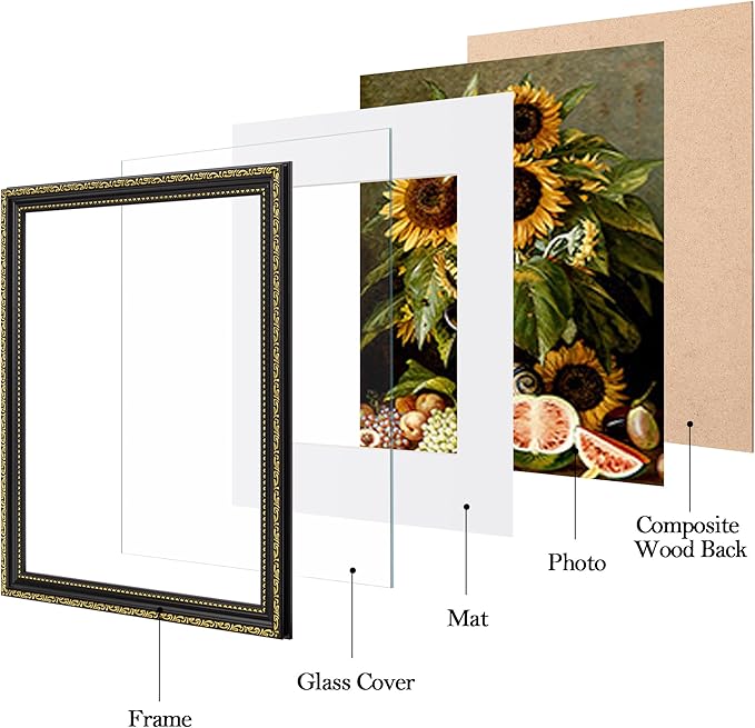 eletecpro 11x14 Picture Frames Set of 4, Vintage Frame with Glass Cover, Black Gold Photo Frames 11 x 14 Display 8x10 Photo with Mat or 11x14 without Mat for Tabletop or Wall Decor, Black Gold