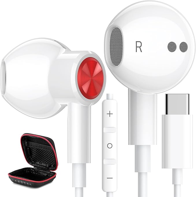 USB C Headphones Wired Type C Earphones for Samsung/Galaxy S26 S25 S24 Plus S23 S22 S21 S20 Note 20 Ultra DAC Magnetic Corded Earbuds for iPhone 15 16 16e 17 Air for Apple/Android Ear Buds White/Red